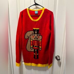 Norther Pole Squirrel Nutcracker - Ugly Christmas Sweater Red Yellow Size L